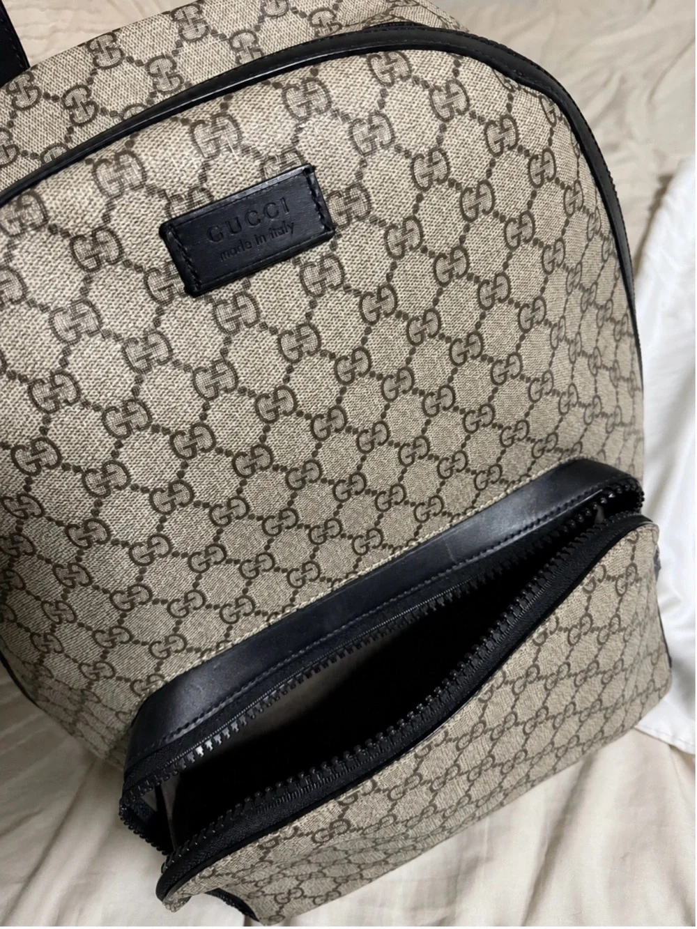 Gucci Beige GG Supreme Canvas Backpack with Black Trim